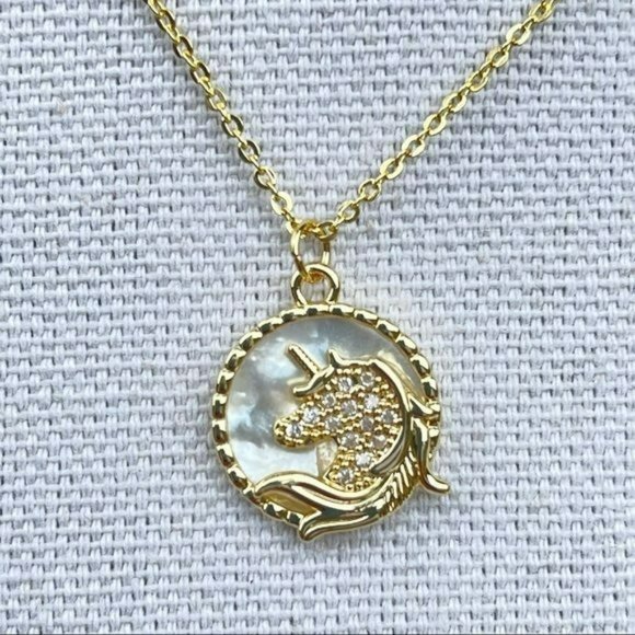 18K Gold Plated Zircon Unicorn Shell Pendant Necklace 17in - Picture 9 of 13